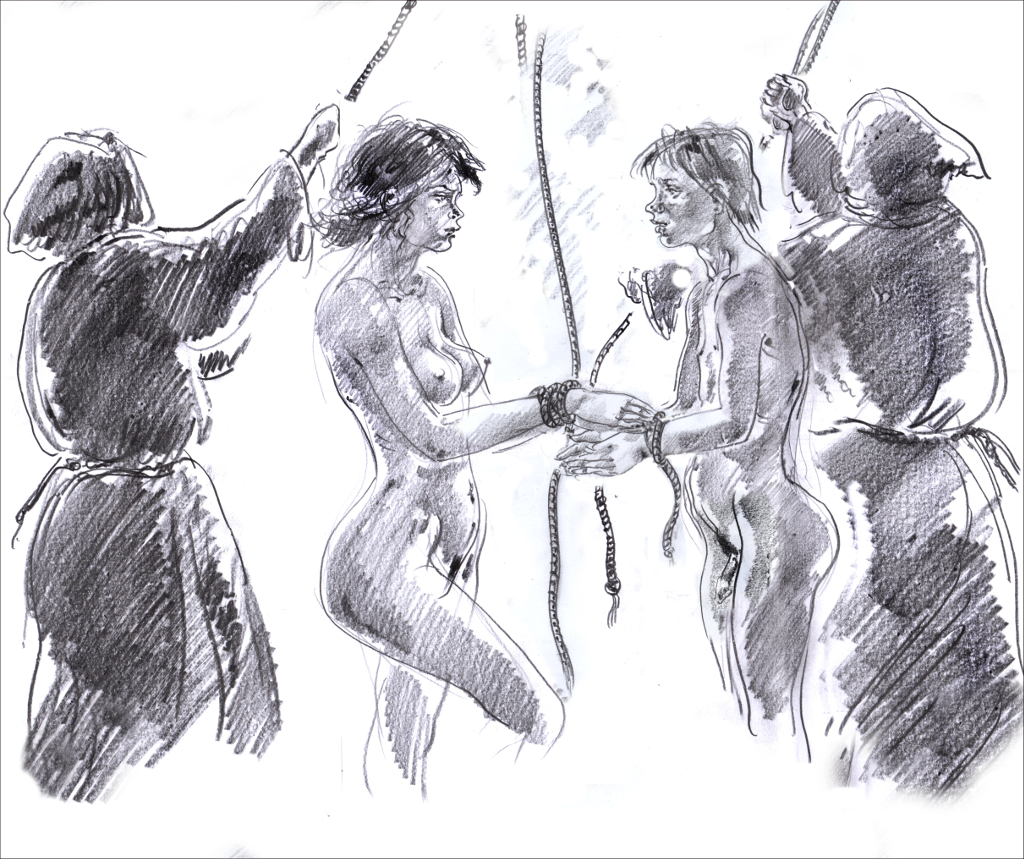 Adam and Jane tied naked for the
        whipping