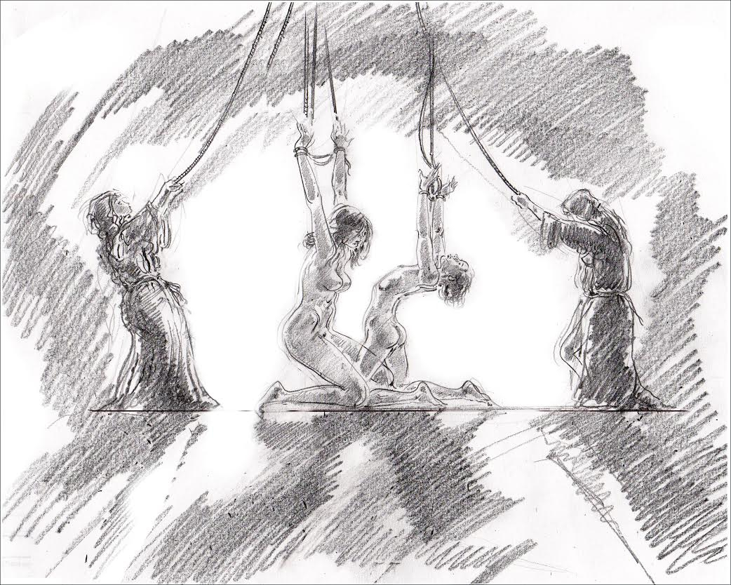 Adam and Jane tied naked, kneeling,
        for the whipping