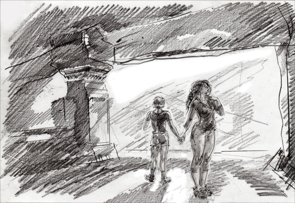 Adam and Jane looking around the
        temple