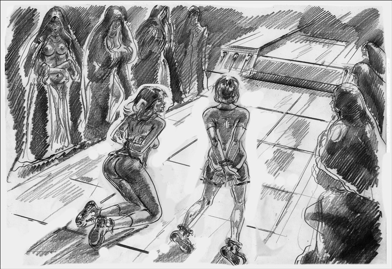 Adam and Jane kneeling bound before
        the High priestess