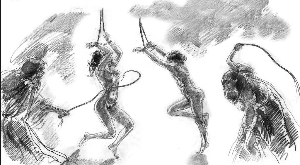 Adam and Jane tied naked, kneeling,
        for the whipping