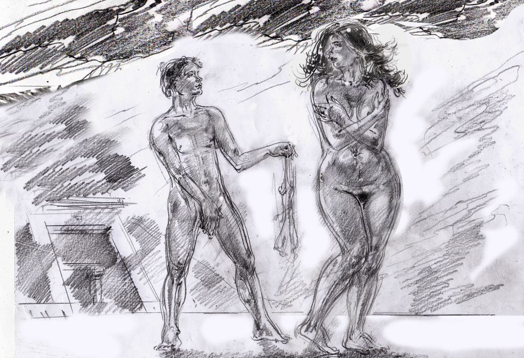 Adam and Jane leaving the temple
        naked