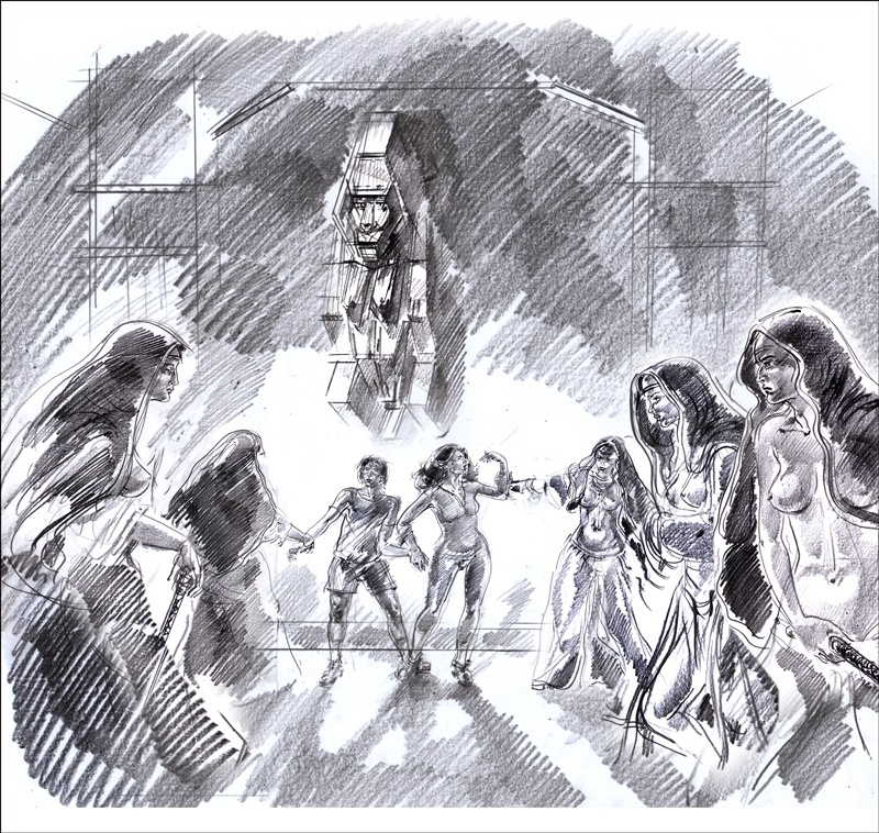 Adam and Jane being surrounded by
        priestesses